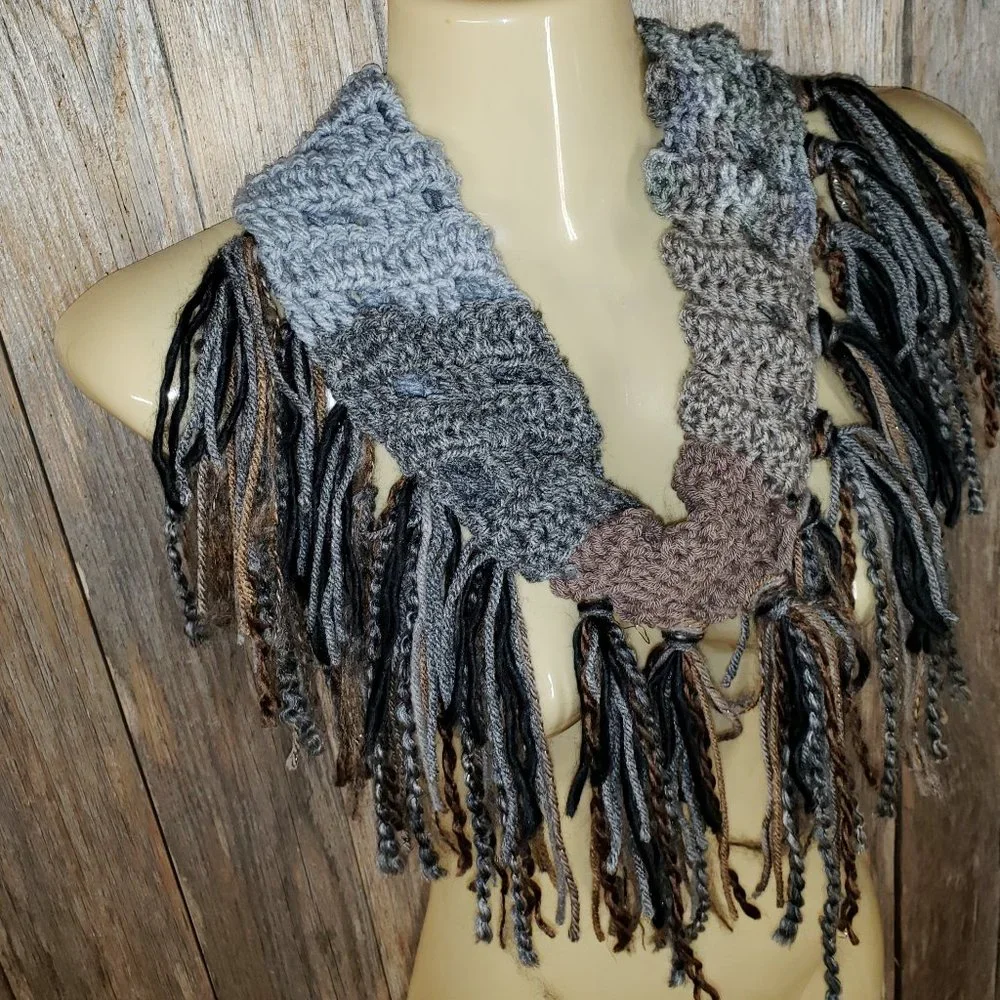 NEW Hand Crochet Gray Taupe Black Cowl Scarf‎ Boho Fringe Hippie Fairy Grunge